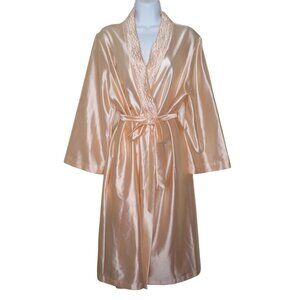 Vintage 70s Deena Peach Satin Robe Womens L Lace Trim Belt Pocket Knee Length
